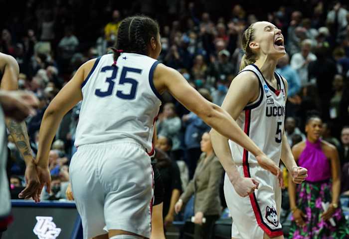UConn's Page Bueckers reacts to a Huskies win.